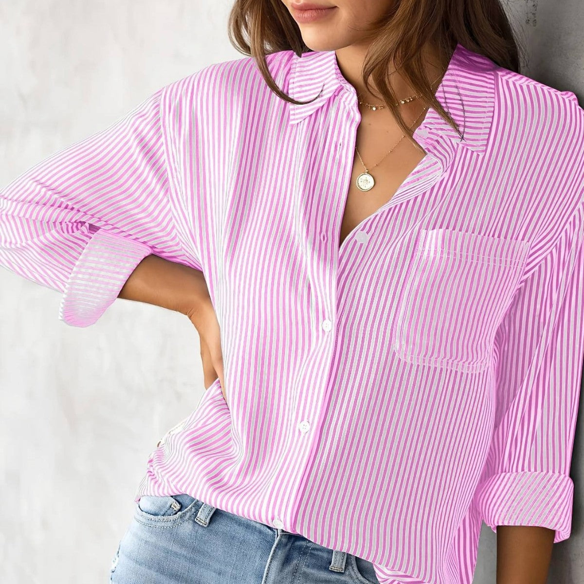 Women's Fall 2023 Amazon Striped Cardigan Tops Loose Casual Long Sleeve Shirts Women's Striped Long Sleeve Shirts