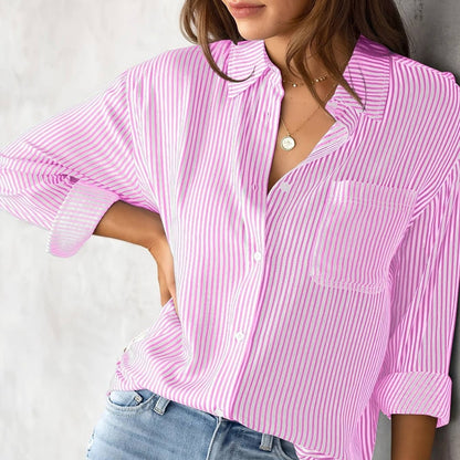 Women's Fall 2023 Amazon Striped Cardigan Tops Loose Casual Long Sleeve Shirts Women's Striped Long Sleeve Shirts