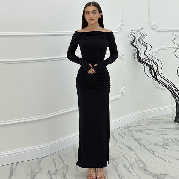Cross-border new solid color sexy miniature dress dress European beauty one-shoulder slim slit dress for women | Ciaura