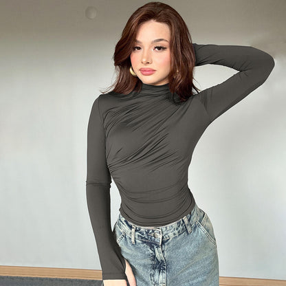 Cross-border European and American women's autumn new solid color slim long-sleeved base top, sexy hot girl pleated tight T-shirt
