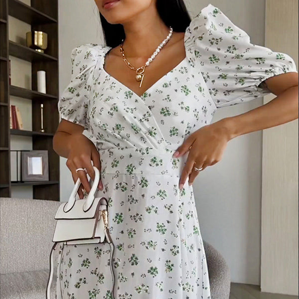 Dopamine outfit 2026 new European and American dress sexy V-neck puff sleeve French elegant floral dress