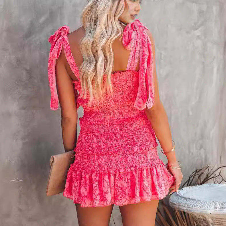 Spot Cross-border 2023 Europe and the United States Amazon New Sexy Lace-up Wrap Chest Pleats Waist Hip Dress Short Skirt