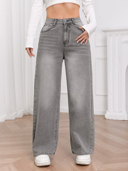 European and American foreign trade cross-border women's clothing European trend washed sky gray high-waisted wide-leg denim trousers WOMEN JEANS