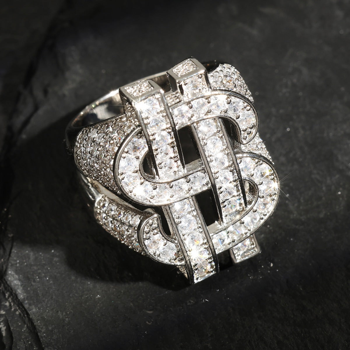 European and American cross-border temu Amazon best-selling full zircon ring with hollowed-out US dollar symbol, hip-hop trendsetter men's ring
