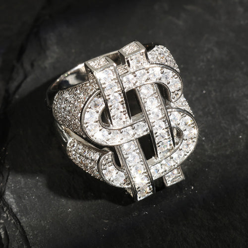 European and American cross-border temu Amazon best-selling full zircon ring with hollowed-out US dollar symbol, hip-hop trendsetter men's ring