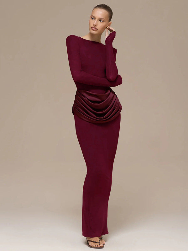 Cross-border autumn and winter new European and beautiful clothing temperament celebrity style solid color long sleeve slim pleated hip wrap dress for women