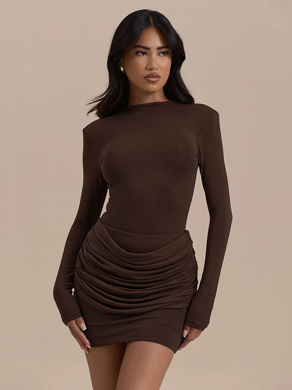 Cross-border autumn new women's solid color round pleated slim hip skirt long sleeves waist slimming temperament dress