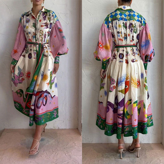 Vestido europeu e americano 2026 para mulher, casual, personalizado, com estampado, decote em V, cintura com atilhos, manga comprida e corte largo.