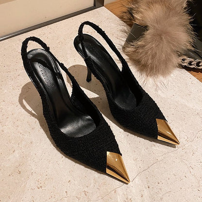 XD Huizhou City Autumn New Patent Leather Single Shoes Woolen Shoes Black Thin Heel European and American Fashion Temperament Metal Pointed Toe