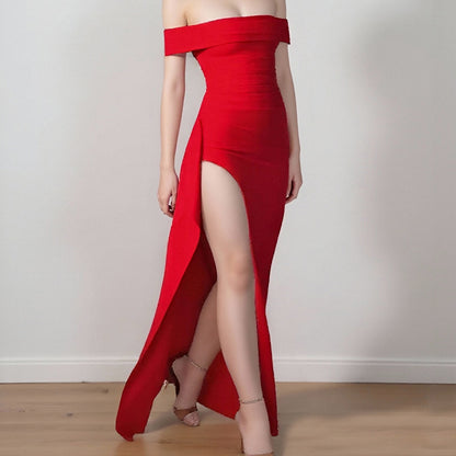 Cross-border 2025 summer new cross-border European and American fashion bandeau one-line collar backless backless long-sleeved solid color dress