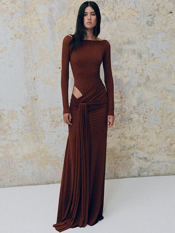 Cross-border European and American women's autumn and winter new solid color crew neck long sleeve sexy waist twisted strap hip wrap dress for women | Ciaura