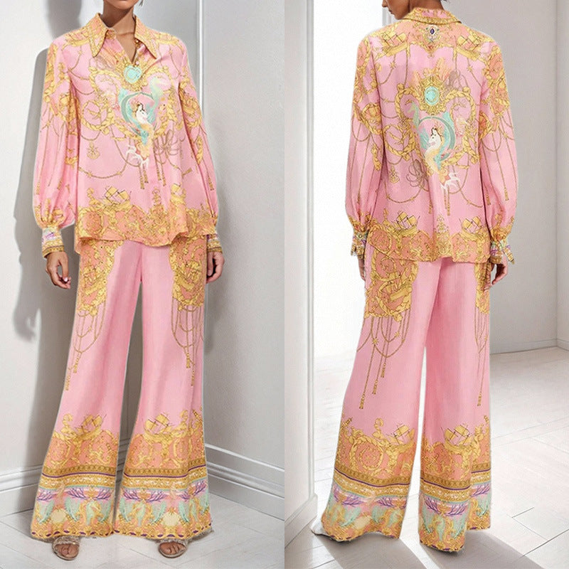 Cross-border spring 2026 Amazon European and American clothing long sleeve pink printed shirt trousers casual fashion suit women