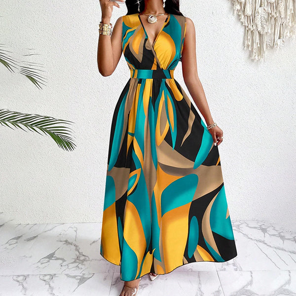 2026 Amazon cross-border new European and American women's clothing temperament is elegant and fashionable, sexy printed sleeveless V-neck dress