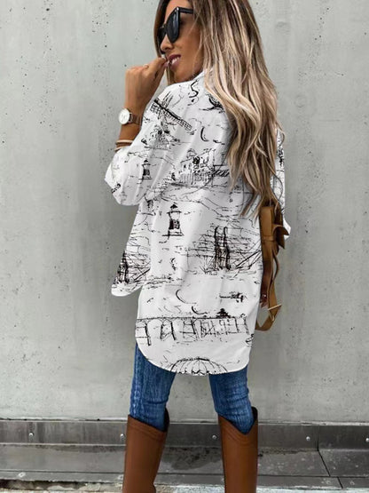 New 2025 European and American cross-border women's all-season versatile with pocket pattern, loose casual long-sleeve lapel shirt