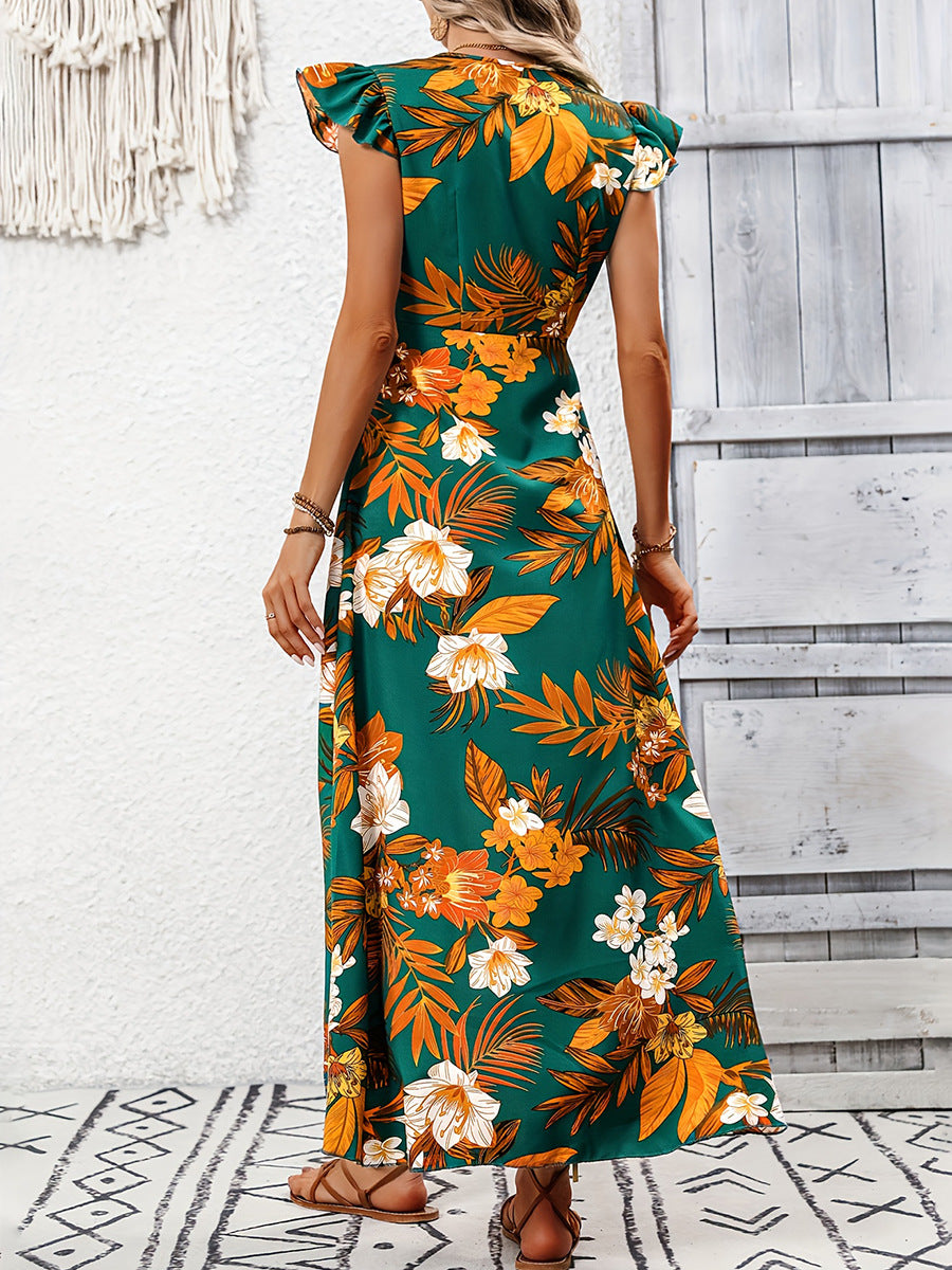 Ruicheng cross-border Amazon foreign trade European and American dresses 2025 summer resort style flower slit midi skirt