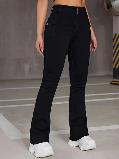 Women's jeans multi-craft pocket design black pants stretch slimming versatile flared trousers JEANS