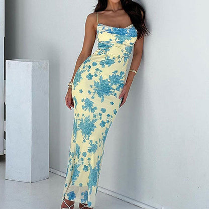 2026 Spring New European and American Clothing Elegant and Fashionable Printed Slim Fit Hip Slip Long Dress