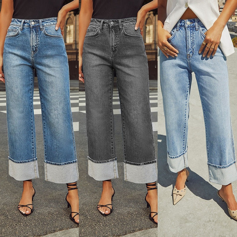 Amazon Cross Border Spring 2025 New Stretch Straight Jeans Women's Quality Vintage Rolled High Waist Pants