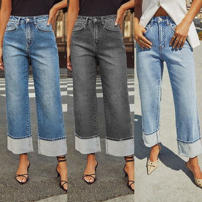 Amazon Cross Border Spring 2025 New Stretch Straight Jeans Women's Quality Vintage Rolled High Waist Pants