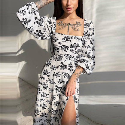 2026 Spring New European and American Cross-border Women's Temperament Print Sexy Backless Slit Strappy Dress