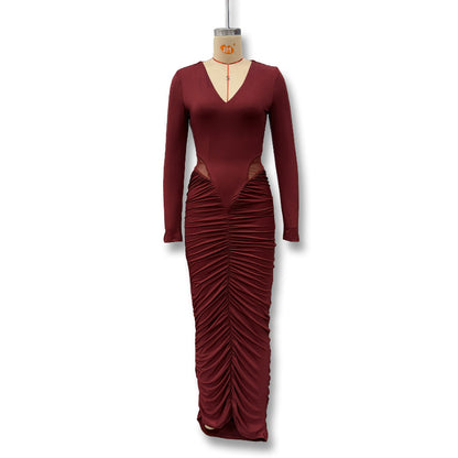 Foreign trade autumn and winter new European and beautiful fashion solid color deep V sexy waist folds waist and hip wrap dress women