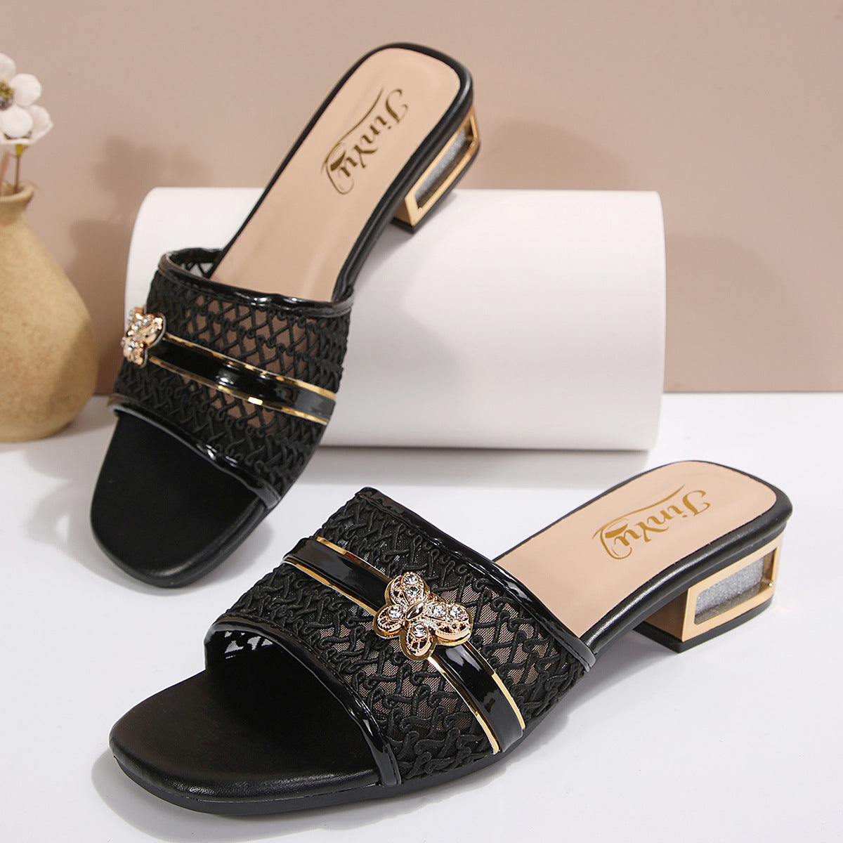 European and American cross-border foreign trade wholesale high-heeled sandals for women, elegant versatile decorative buttoned square-toe sandals