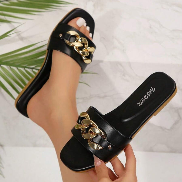 Cross-border women's shoes, women's new fashion slippers, classic temperament, versatile, solid color metal decoration, square toe flat sandals
