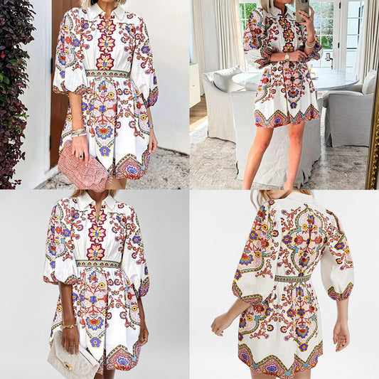 Cross-border foreign trade 2026 spring European and American fashion V-neck lantern sleeve temperament print waist slimming dress