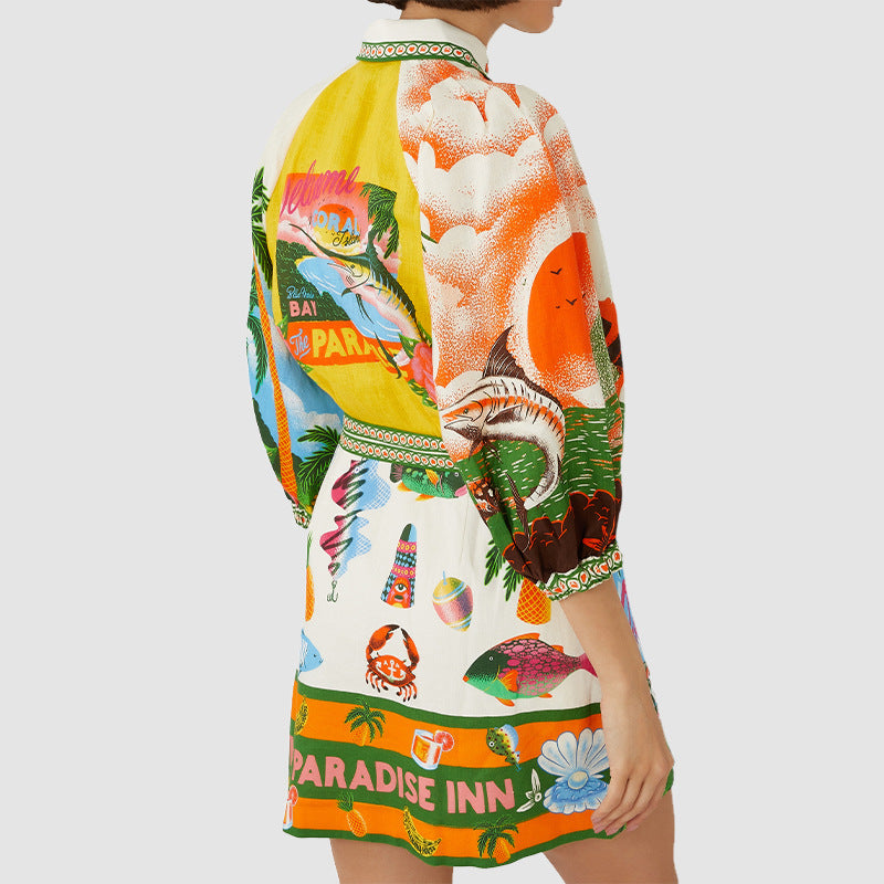 2026 Spring New Cross-border European and American Fashion Printed Resort Style Shirt Cardigan Lace-Up Waist Dress