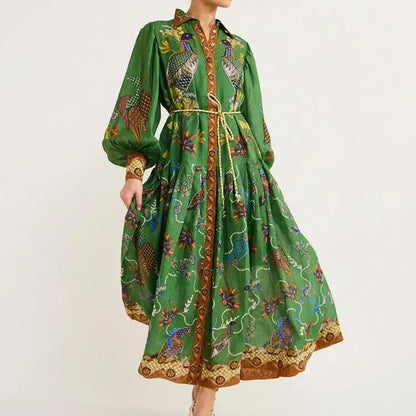 Spring 2026 new European and American cross-border women's lantern sleeve printed lapel cinched waist long sleeve big swing dress