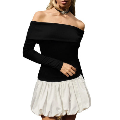 Vestido curto e justo, justo, preto e branco, com costuras transfronteiriças, para o outono/inverno, ideal para mulheres europeias e americanas.