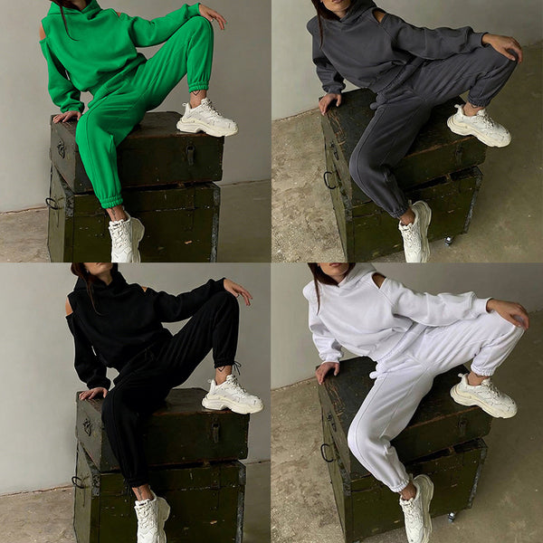 Cross-border foreign trade women's clothing 2026 European and American new two-piece solid color hooded short sweatshirt corset trouser set | Ciaura