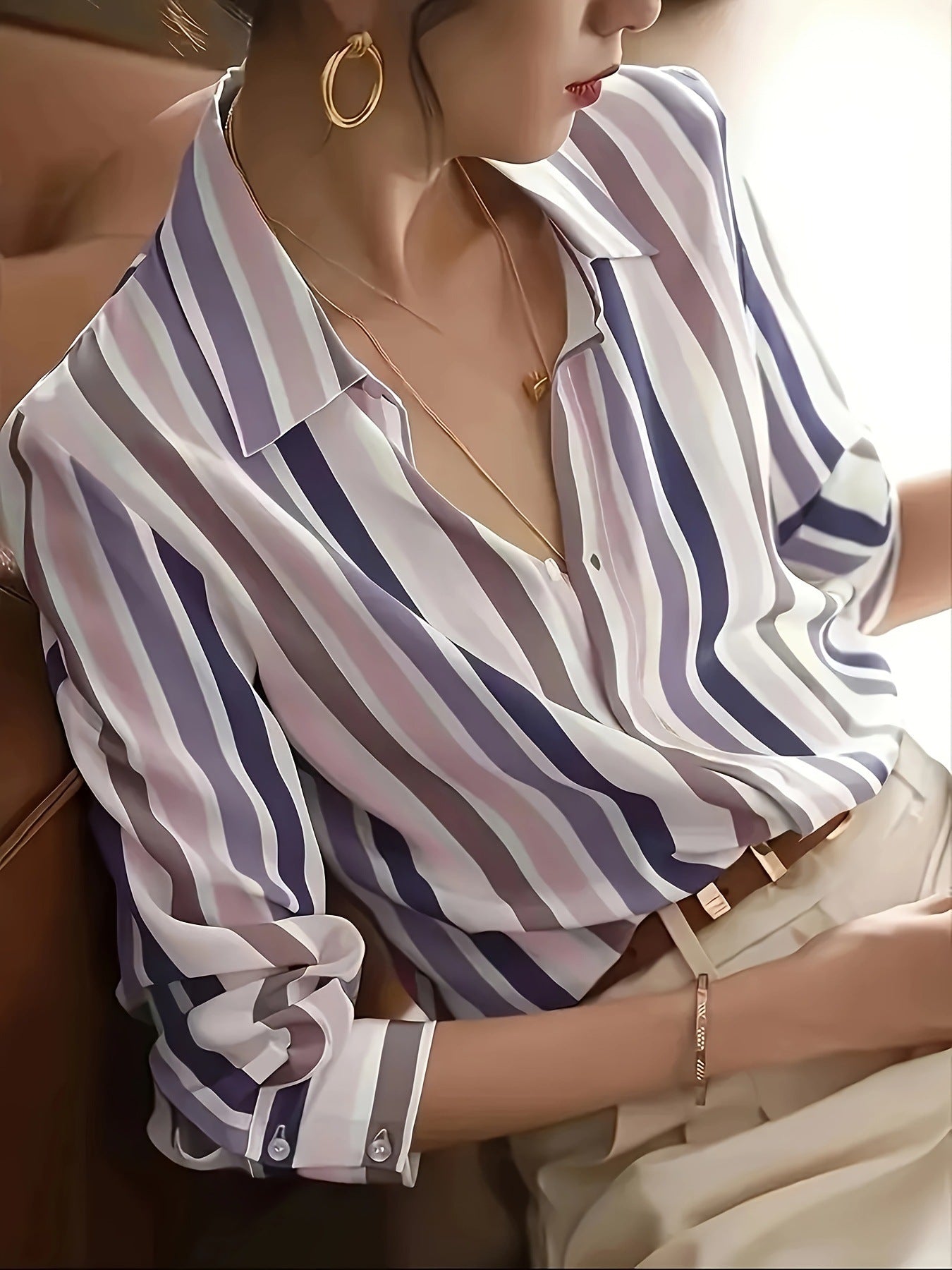 Cross-border foreign trade contrast temperament striped shirt women's 2024 spring summer new niche retro lapels are loose and slim
