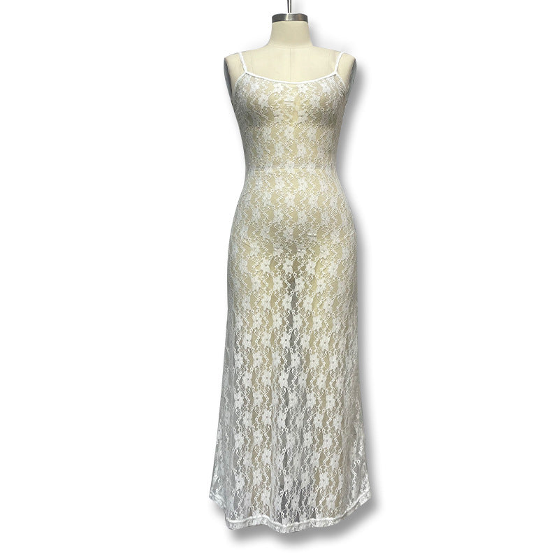 Foreign trade European and American style 2023 summer women's lace transparent suspender midi skirt explosive fashion sexy dress