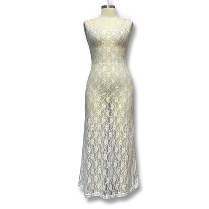 Foreign trade European and American style 2023 summer women's lace transparent suspender midi skirt explosive fashion sexy dress