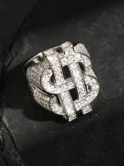 European and American cross-border temu Amazon best-selling full zircon ring with hollowed-out US dollar symbol, hip-hop trendsetter men's ring