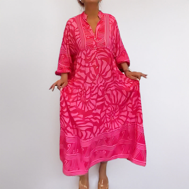 2025 Spring New European and American Cross-border Women's Temperament Commuting Fashion Women's Printed Loose Plus Size Dress Women