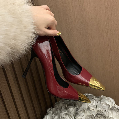 YX2026 Fall New Metal Toe Back Air Sandals Women's Black Sexy Single Shoes Thin Heel Spools Toe High Heels