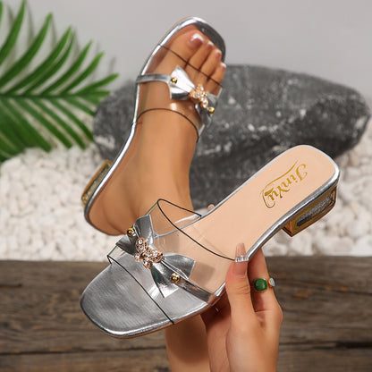 European and American cross-border foreign trade wholesale high-heeled sandals for women, elegant versatile decorative buttoned square-toe sandals