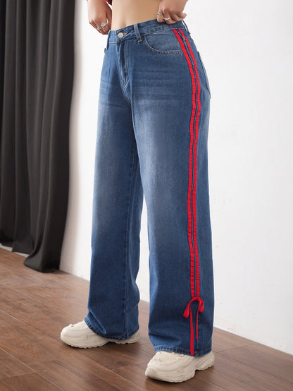 Women's denim trousers, American vintage red-edged webbing, versatile casual slimming straight-leg trousers, can be worn in all seasons