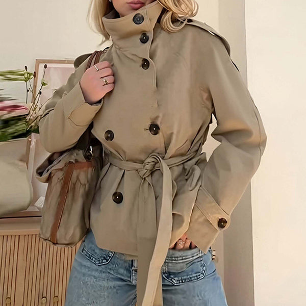 2026 spring new European and American cross-border design solid color versatile double-breasted waist tie-up cropped trench coat jacket - view 2 | Ciaura