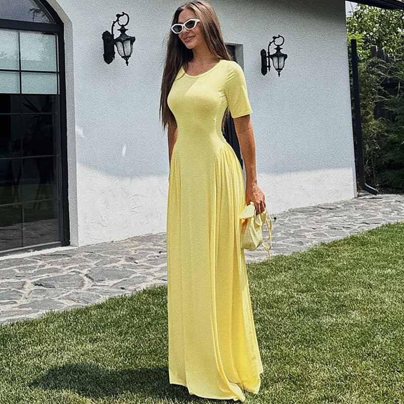 European and American women's autumn and winter new solid color waist temperament long skirt fashionable crew neck short sleeve slim swing dress