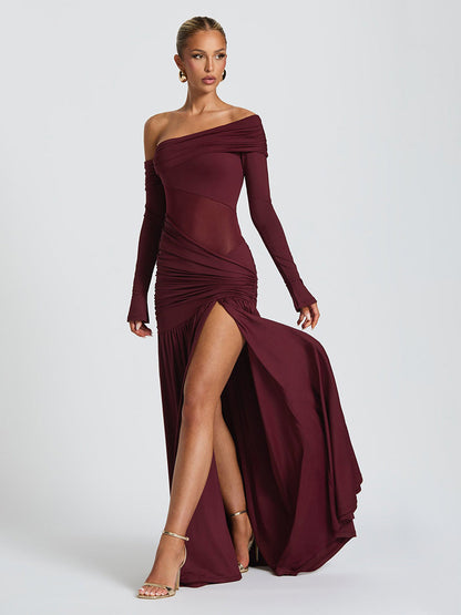 Cross-border autumn and winter new European and beautiful clothing slanted collar pleated waist long sleeves sexy see-through mesh hip wrap dress for women