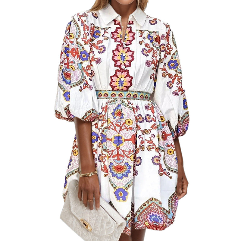 Cross-border foreign trade 2026 spring European and American fashion V-neck lantern sleeve temperament print waist slimming dress