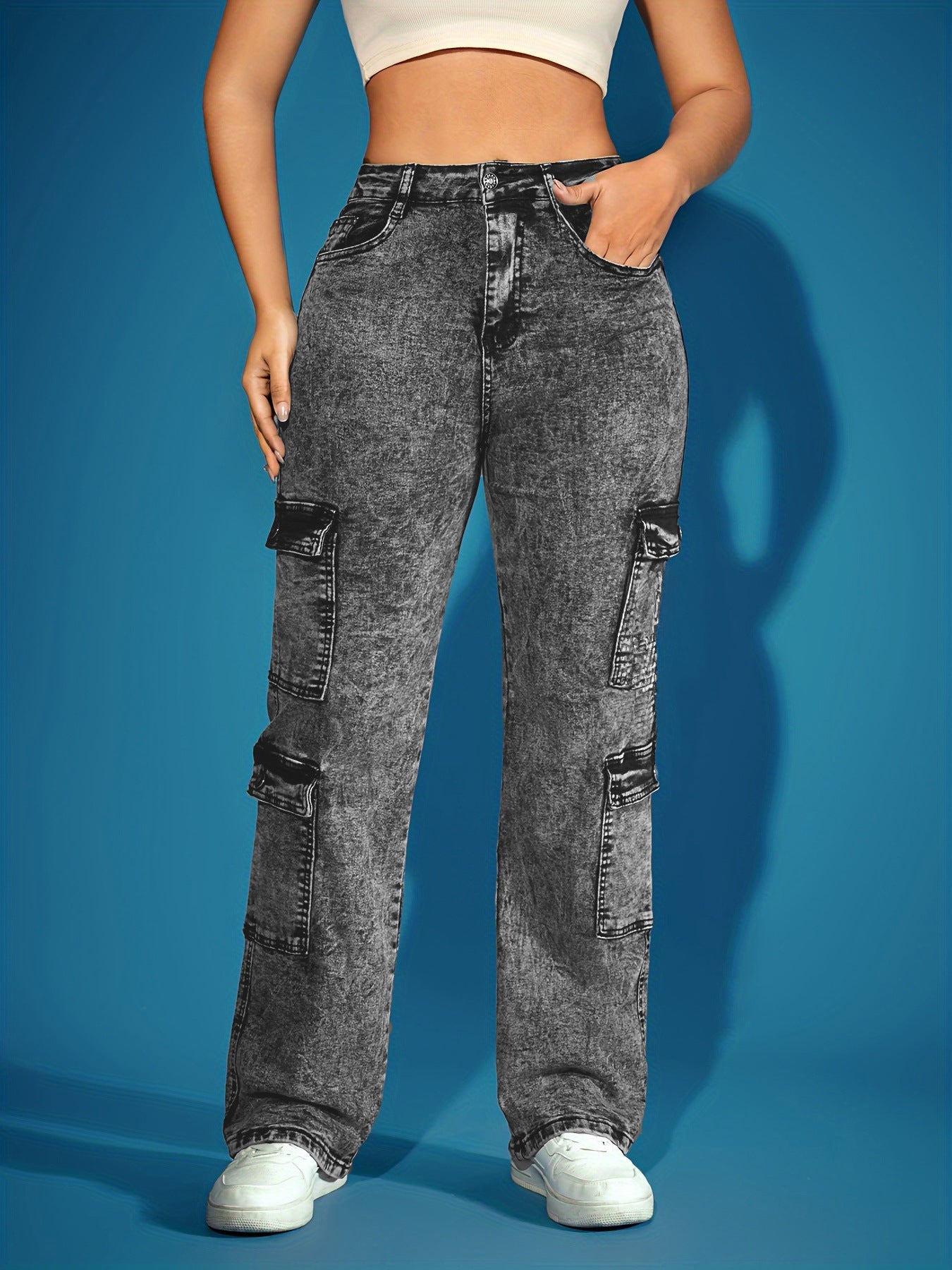 European and American cross-border women's fashion high-elastic multi-pocket cargo pants cross-border denim trousers Amazon popular jeans