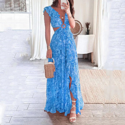 European and American women's clothing 2026 cross-border Amazon new printed deep V sexy waistless long pleated European and American dress