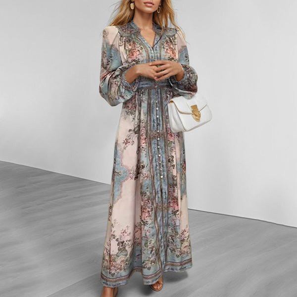 2026 dress cross-border European and American clothing new elegant V-neck fashion print long sleeve European and American dress