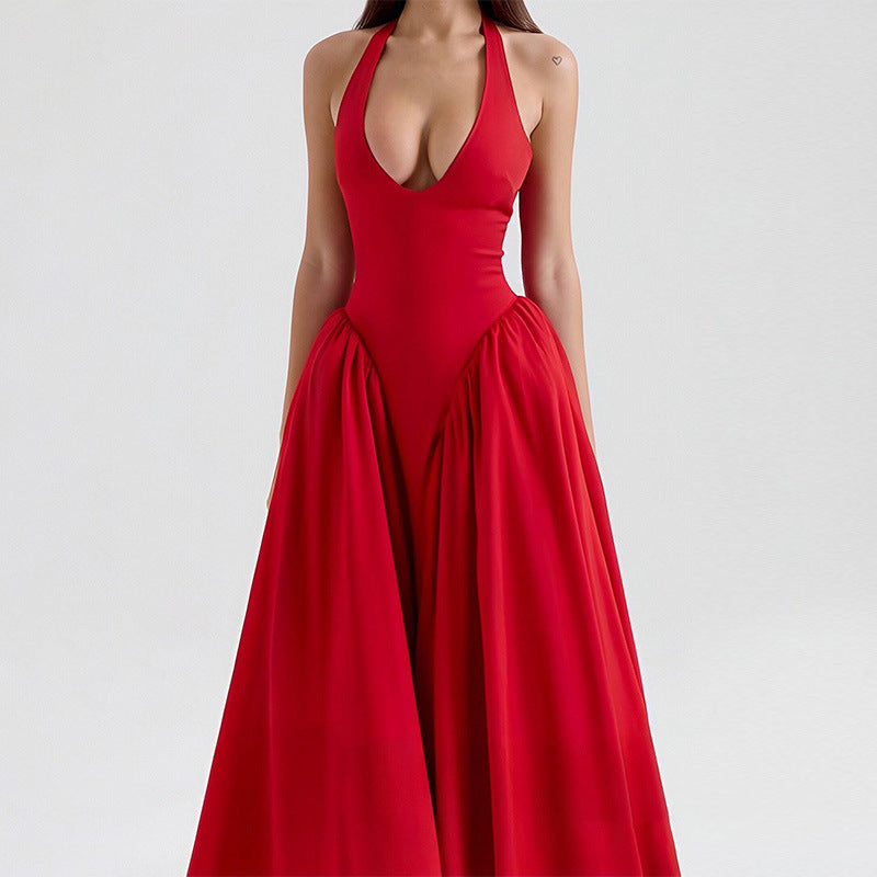 2026 spring new cross-border Amazon European and American clothing solid color temperament sexy V-neck halterneck high-waisted dress