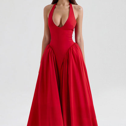 2026 spring new cross-border Amazon European and American clothing solid color temperament sexy V-neck halterneck high-waisted dress