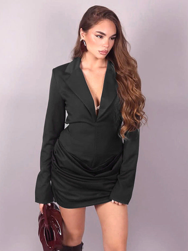 Cross-border European and American women's autumn and winter new temperament solid color deep V lapel pleated waist mini hip wrap dress for women